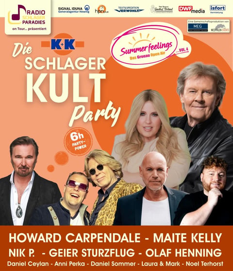 Summer Feelings Schlager Kult Party poster featuring celebrity performers including Howard Carpendale and Maite Kelly in an orange design