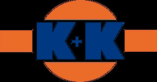 K+K logo with blue letters and a plus sign symbol inside an orange circle with horizontal bars